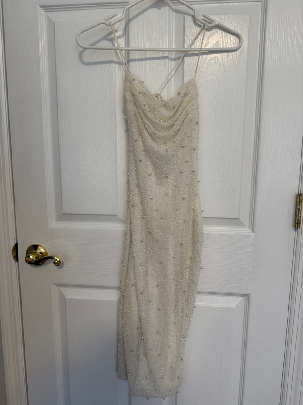 Oh Polly Pearl-Embellished Cream Midi Slip Dress